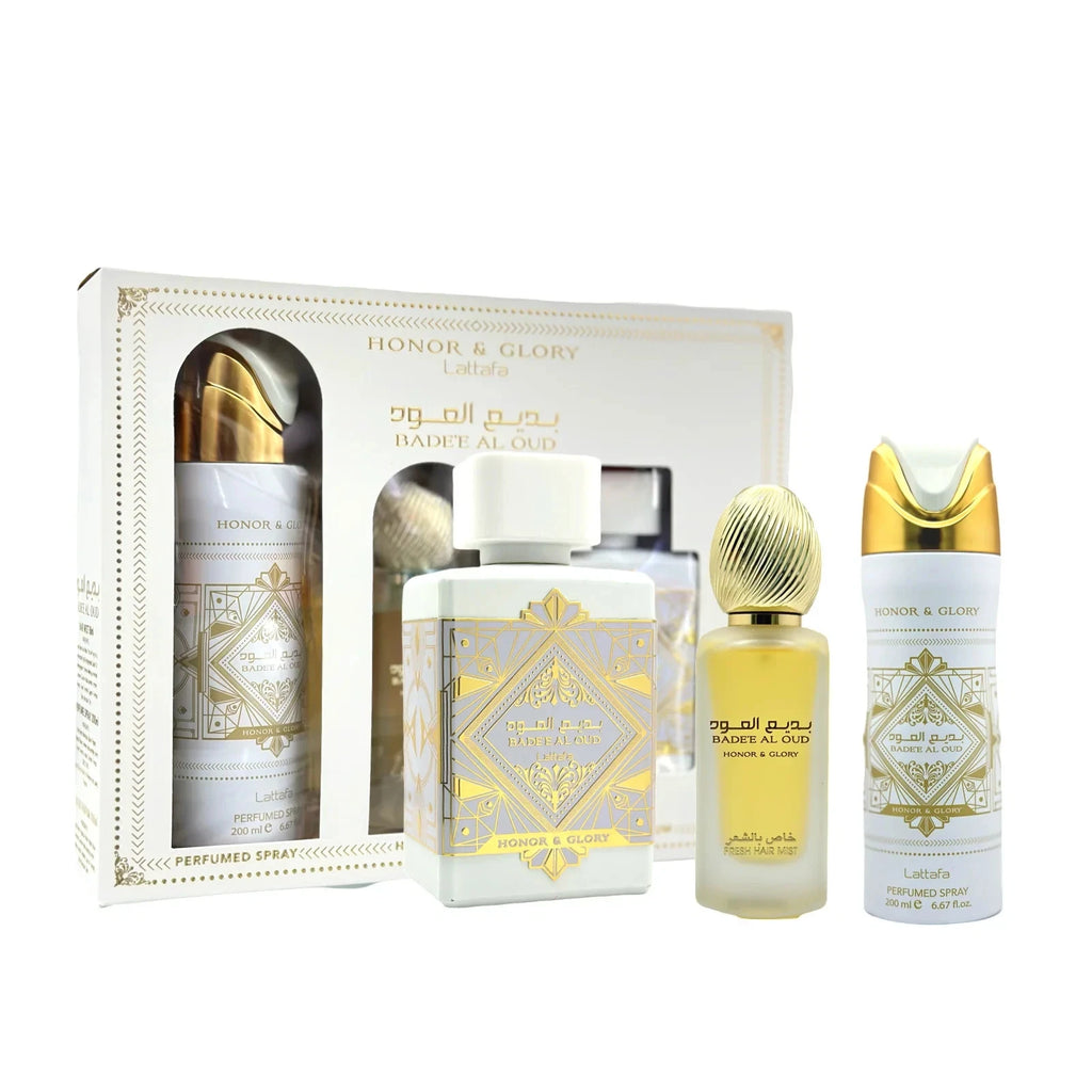 Badee Al Oud Honor & Glory Lattafa 3 Piece Perfume Gift Set